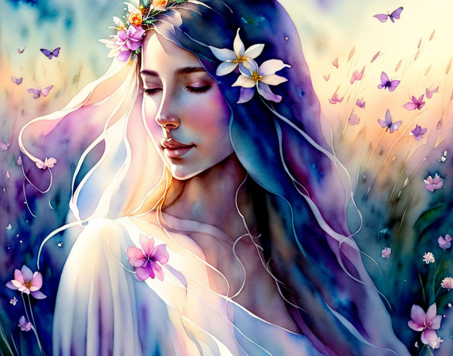 Woman with Flowered Hair Surrounded by Butterflies in Watercolor