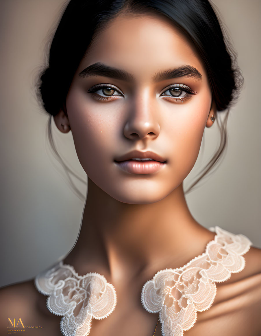 Digital Portrait: Young Woman with Dark Hair and Lace Detailing