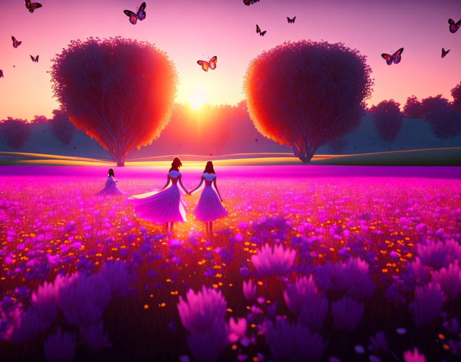 Three girls in dresses in flower field at sunset