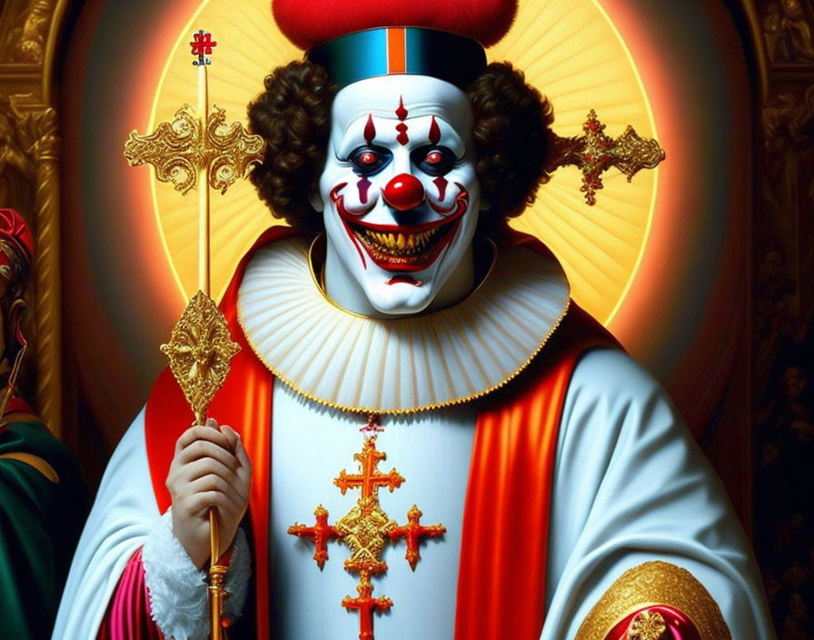 Sinister Clown Portrait in Religious Garb with Cross Staff