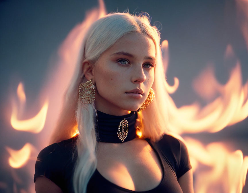 Platinum blonde woman with striking earrings in front of fiery backdrop