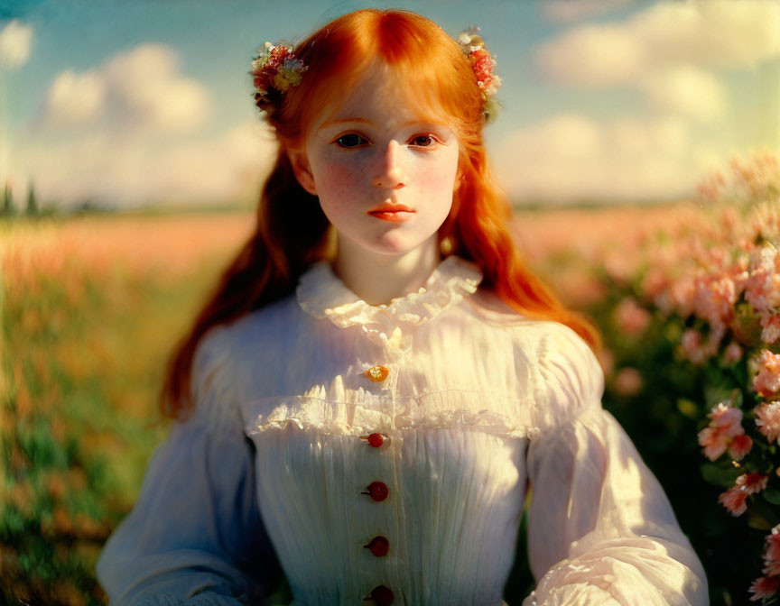 Red-haired girl with flowers in hair in white blouse in pink flower field under blue sky