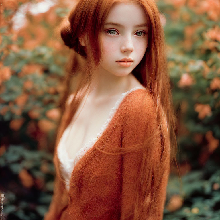 Young woman with red hair in orange sweater against floral backdrop