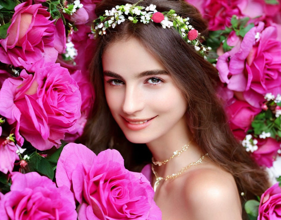 Woman with floral headband surrounded by pink roses portrait.