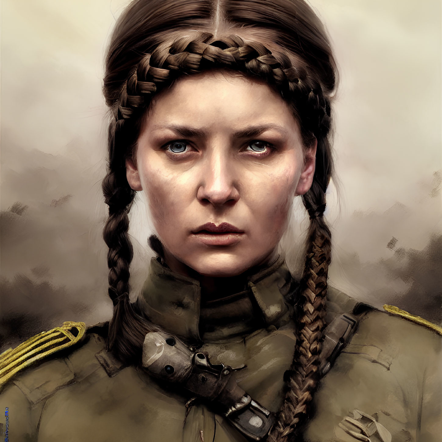 Female soldier with braided hair in military uniform and epaulette, holding a radiocomm