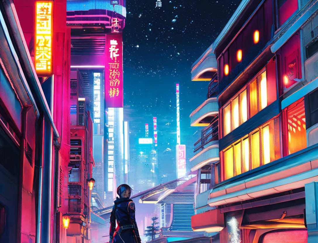 Futuristic armor figure in neon-lit alley with Asian script signs and dazzling cityscape