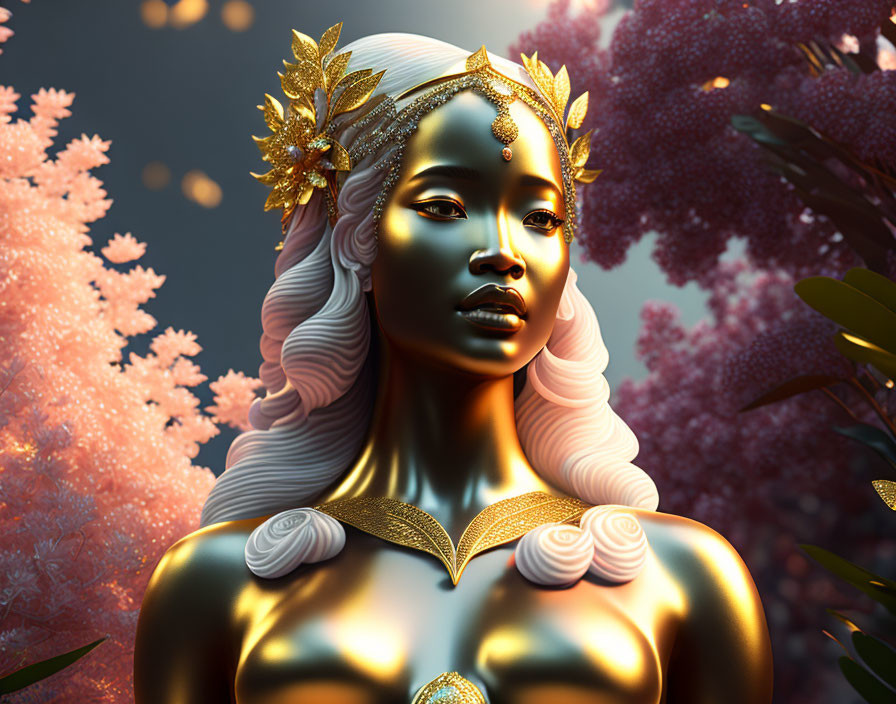 Golden-skinned woman with gold headpiece and jewelry in pink foliage.