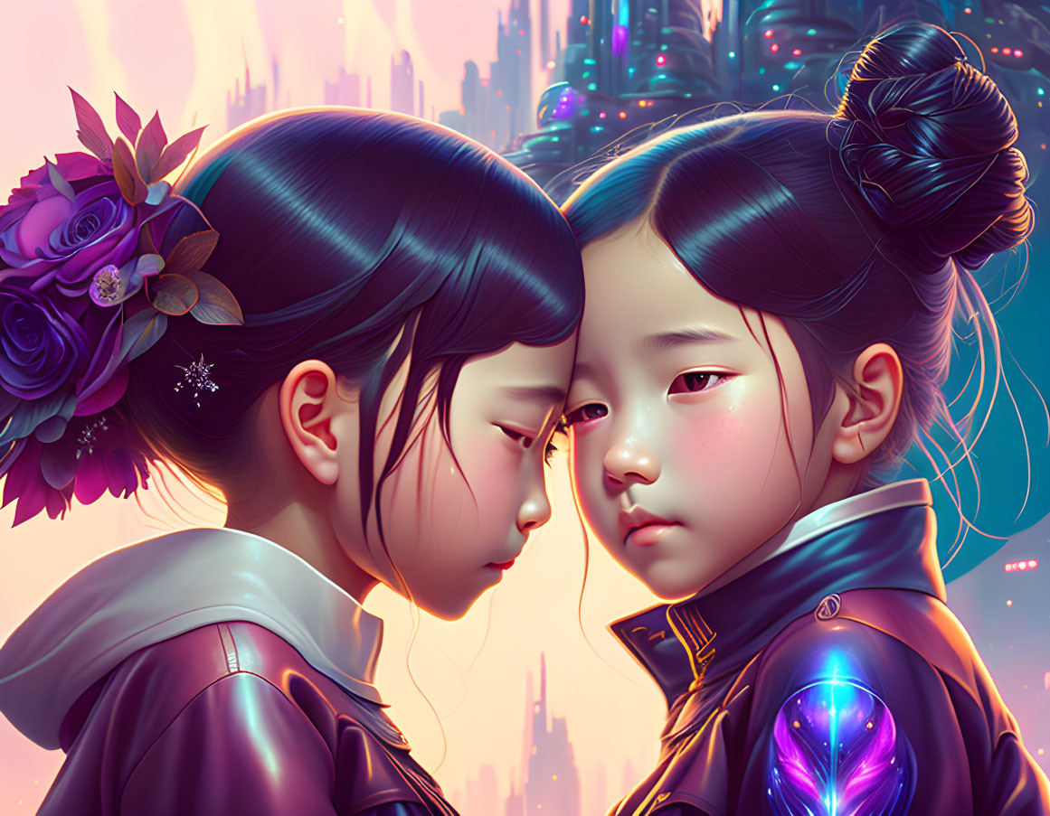 Stylized girls with intricate hairstyles in futuristic outfits against neon-lit cityscape