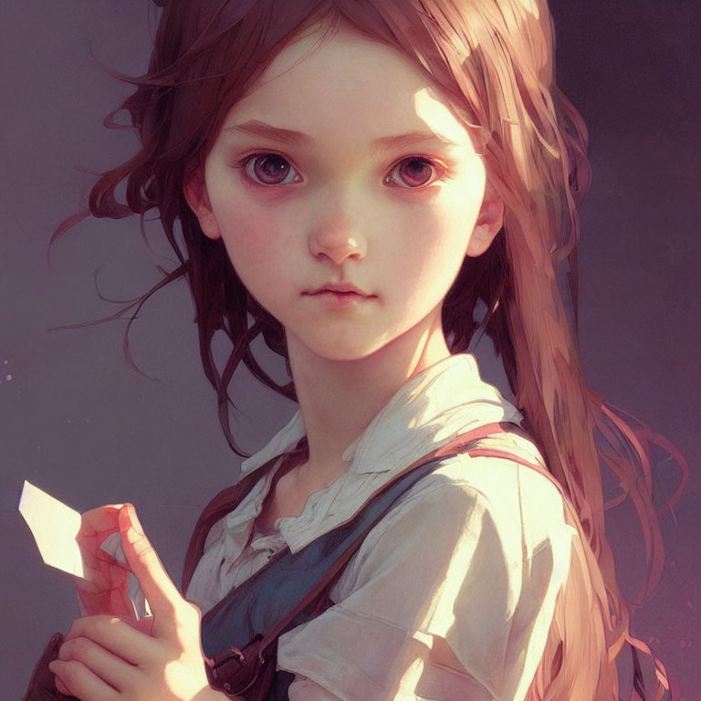 Digital painting of young girl with brown hair and large eyes, holding paper