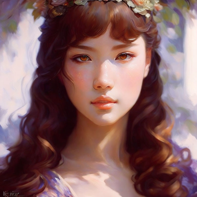 Young woman with floral crown and serene expression in sunlit backdrop