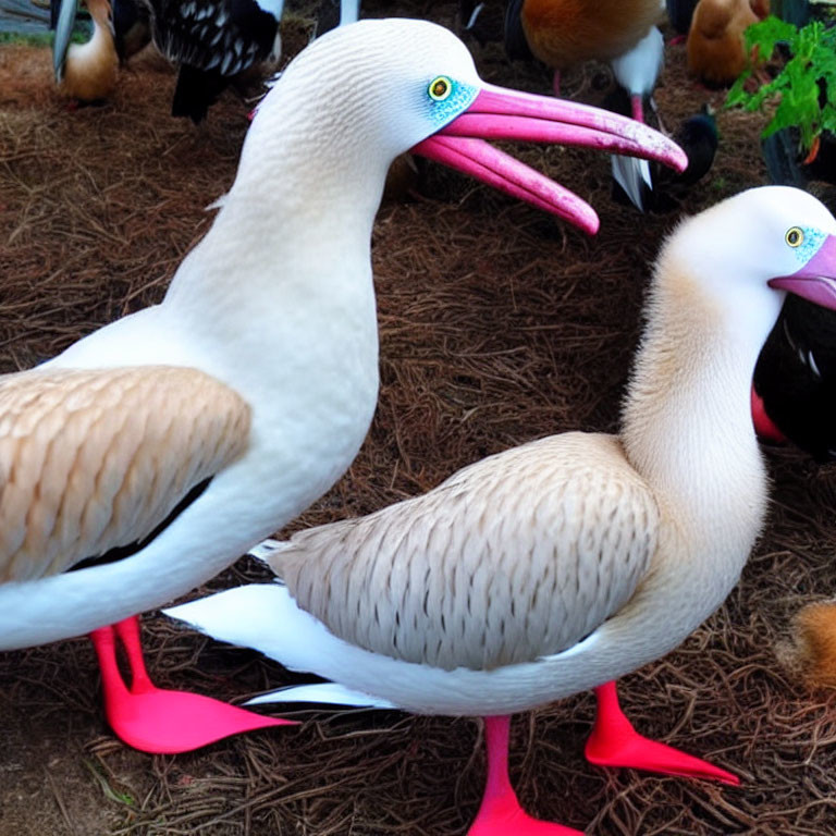 Two red-footed boobies with beige and white feathers and bright blue eyes in natural setting.