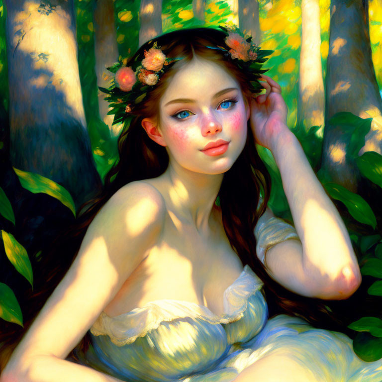 Young woman with flower crown in forest sunlight