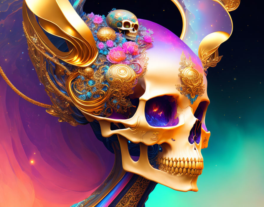 Colorful digital artwork: decorated skull with floral and golden filigree on abstract background