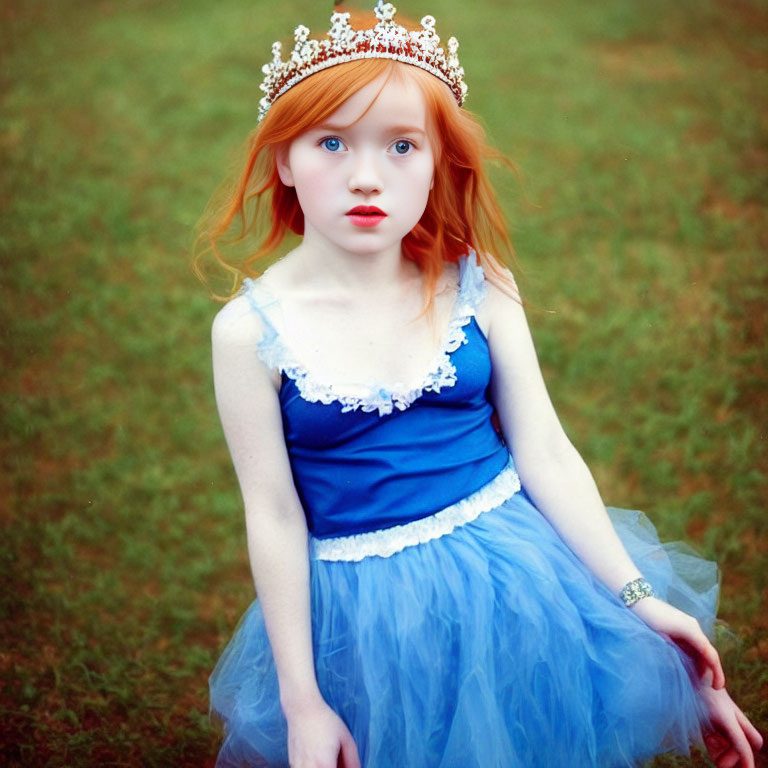 Red-haired girl in blue princess dress and crown in field setting