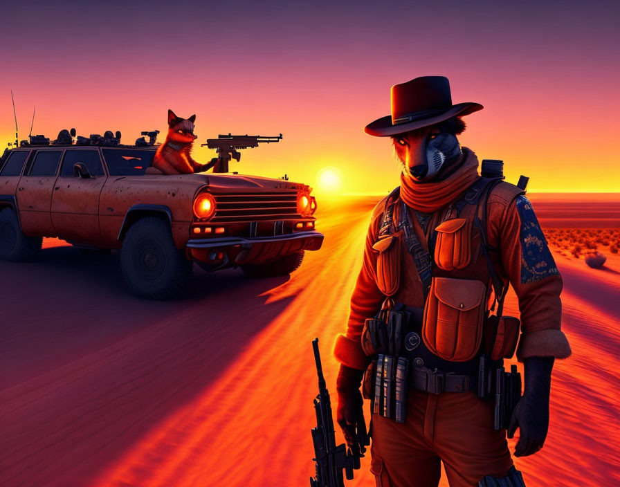 Raccoon cowboy with guns in desert at sunset, cat in armed car.