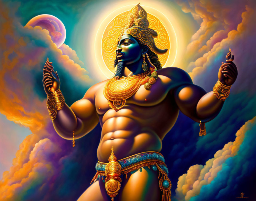 Blue-skinned deity with four arms in gold jewelry on vibrant celestial background