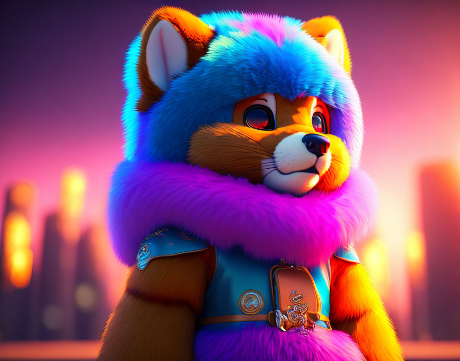 Vibrant 3D illustration of fox character in colorful coat with cityscape backdrop