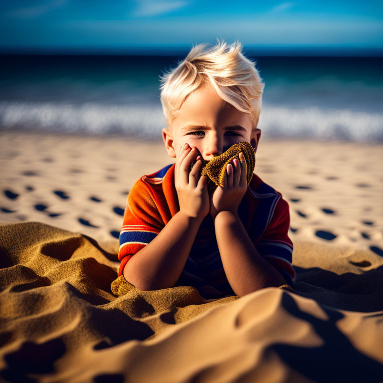 Blond-Haired Child Smiling with Sea Urchin Shell on Sandy Beach