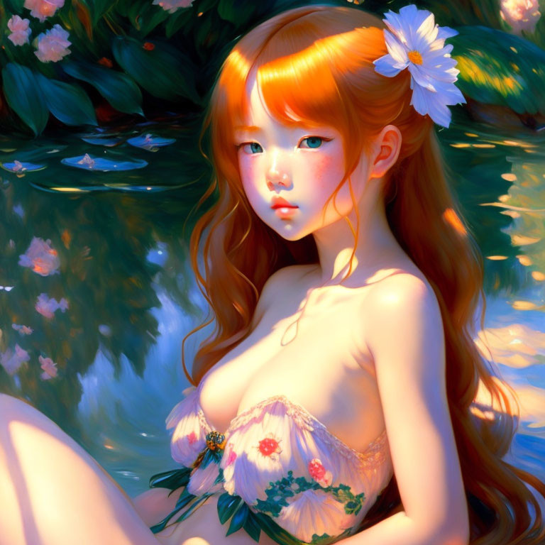 Digital artwork: Young woman with orange hair and blue eyes by serene pool