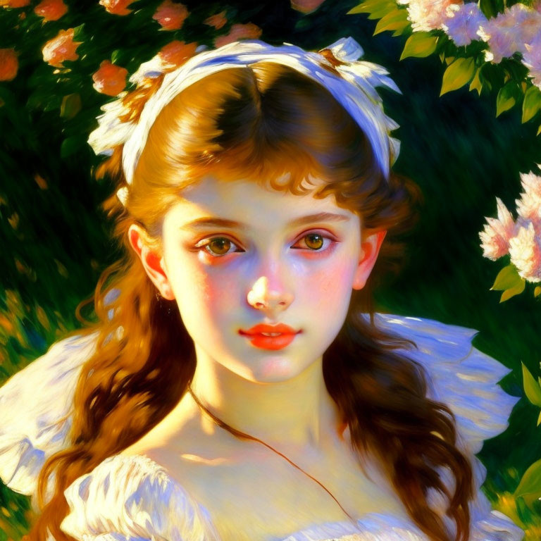 Portrait of a Young Girl with Brown Eyes and Flowers in Hair