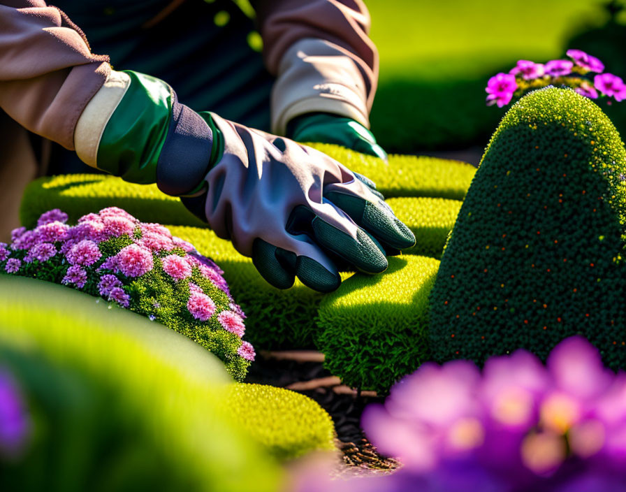 Person tending vibrant flower garden on sunny day