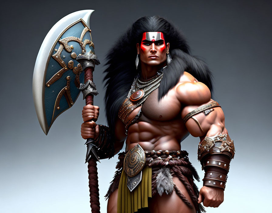 Muscular warrior with tribal face paint, axe, shield, bracelets, belt, and leather armor