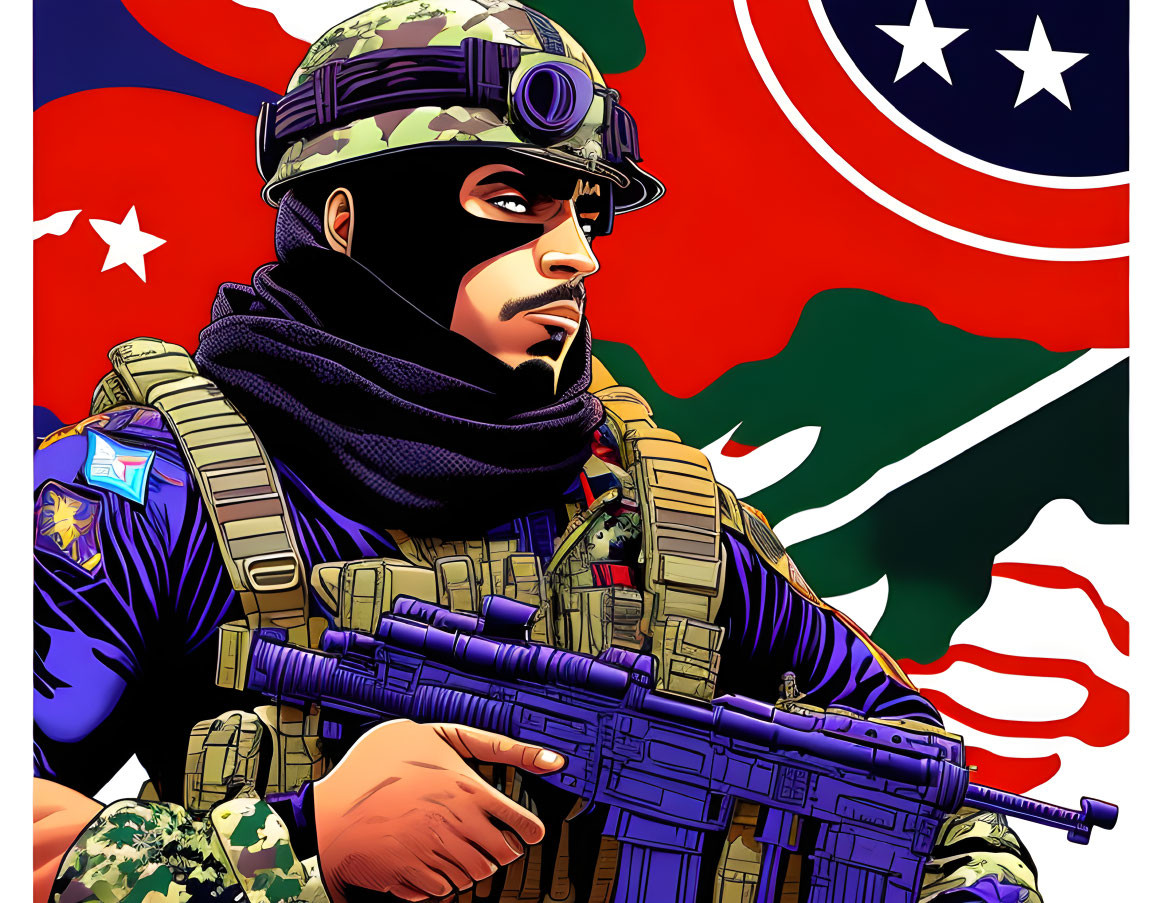 Military soldier illustration in camo gear with rifle and patriotic stars and stripes backdrop