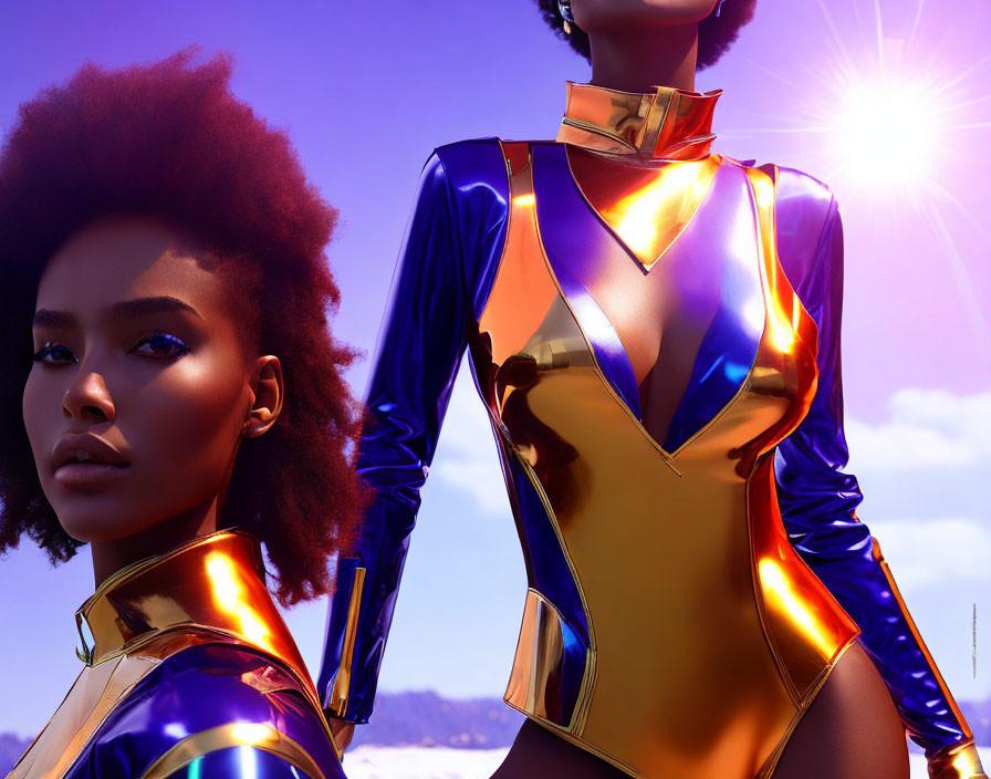 Shiny metallic bodysuits in gold, blue, and purple under bright sun and blue sky