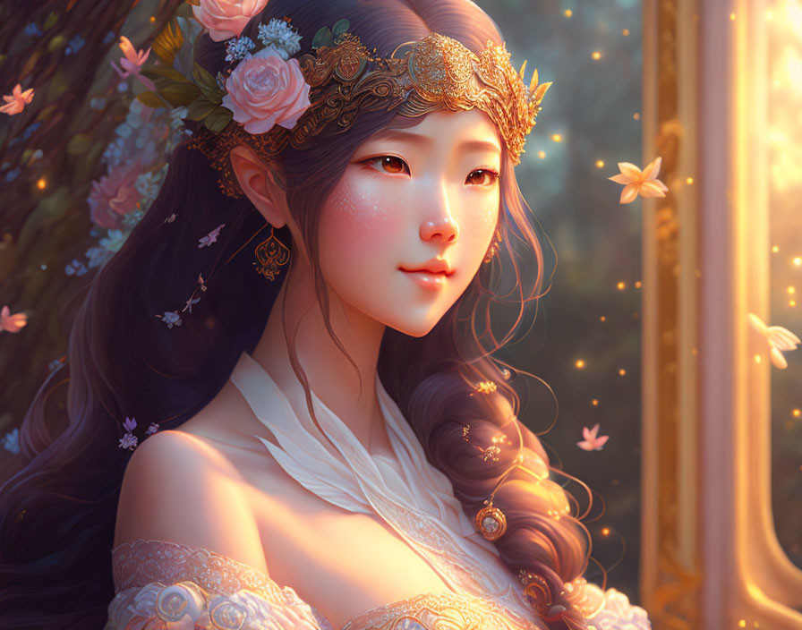 Illustration of woman with floral headpiece and butterflies in magical glow