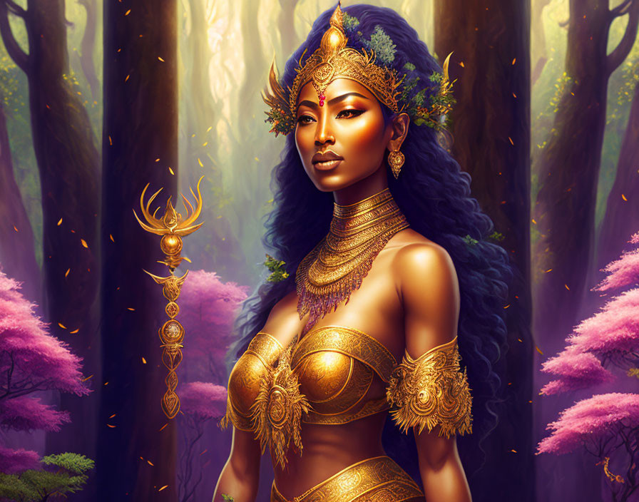 Illustration of majestic woman in golden headdress and jewelry in mystical purple forest