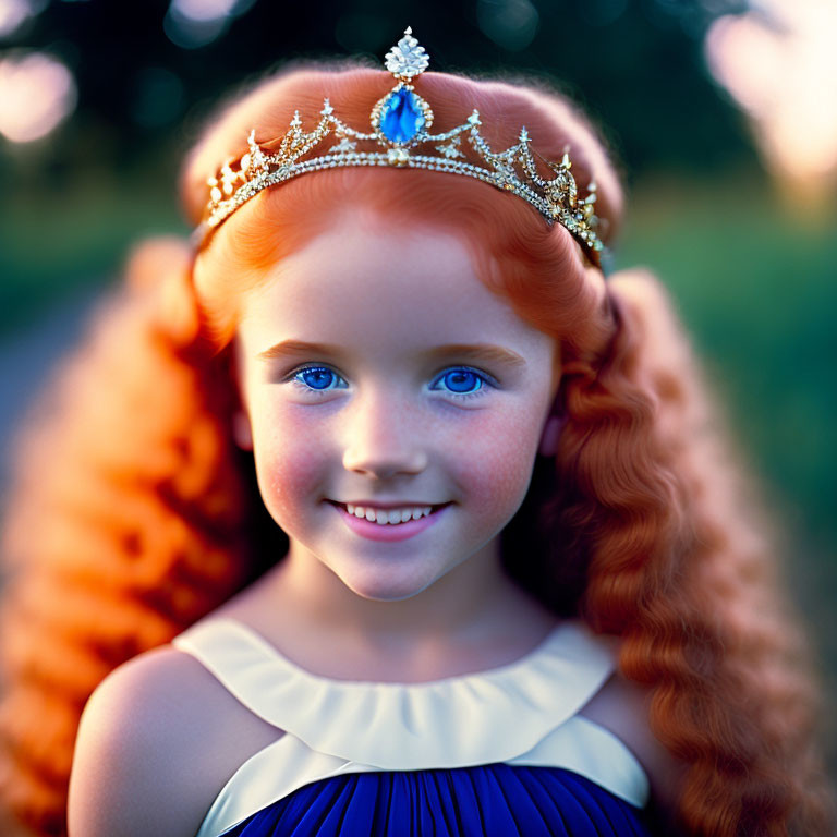 Young girl with blue eyes and red curly hair in crown and blue dress outdoors.