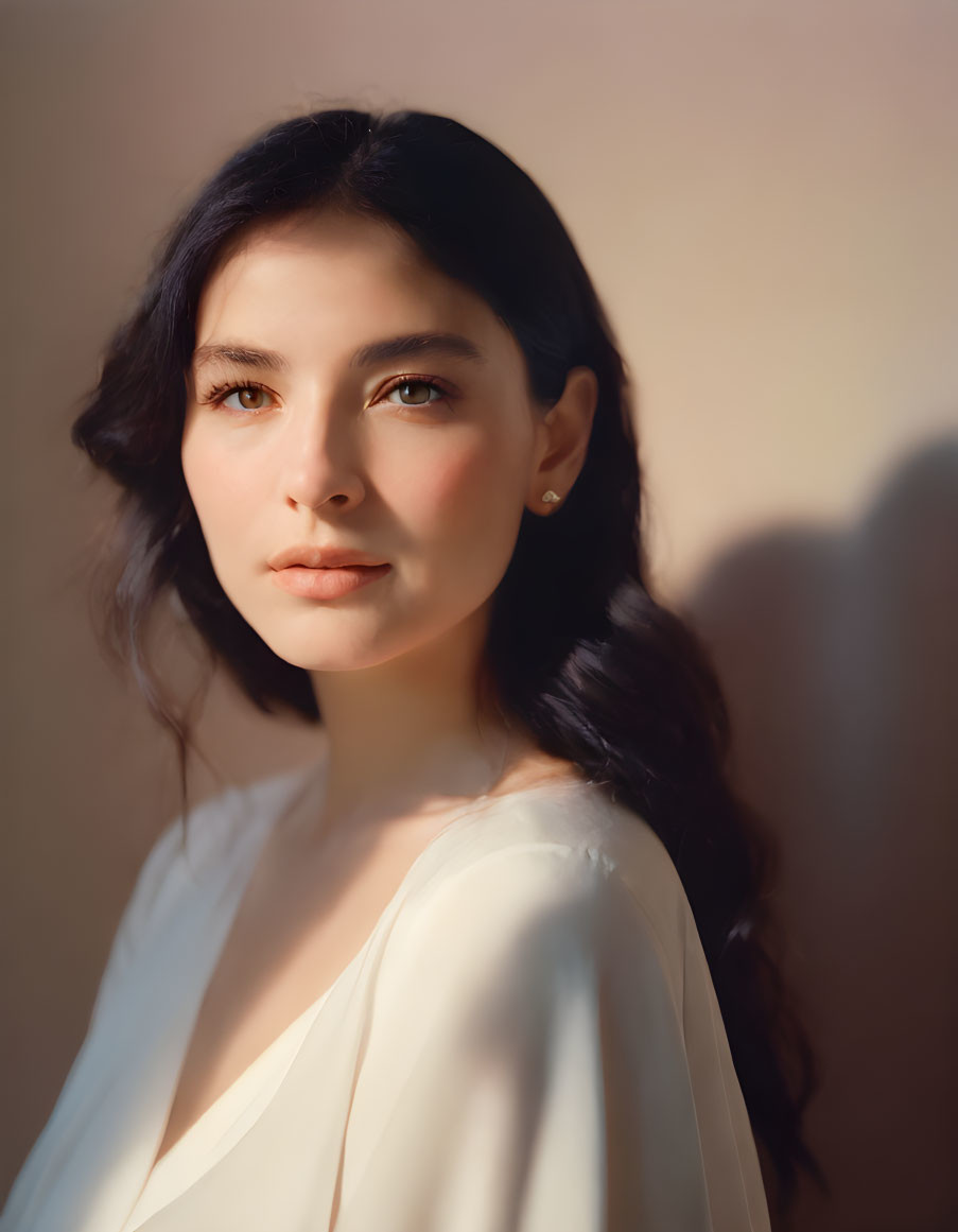 Portrait of woman with dark hair and fair skin in white blouse under natural lighting