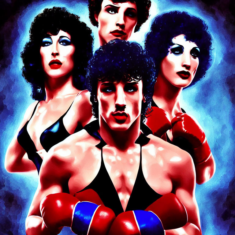 Illustrated poster of male boxer and two female figures on blue backdrop