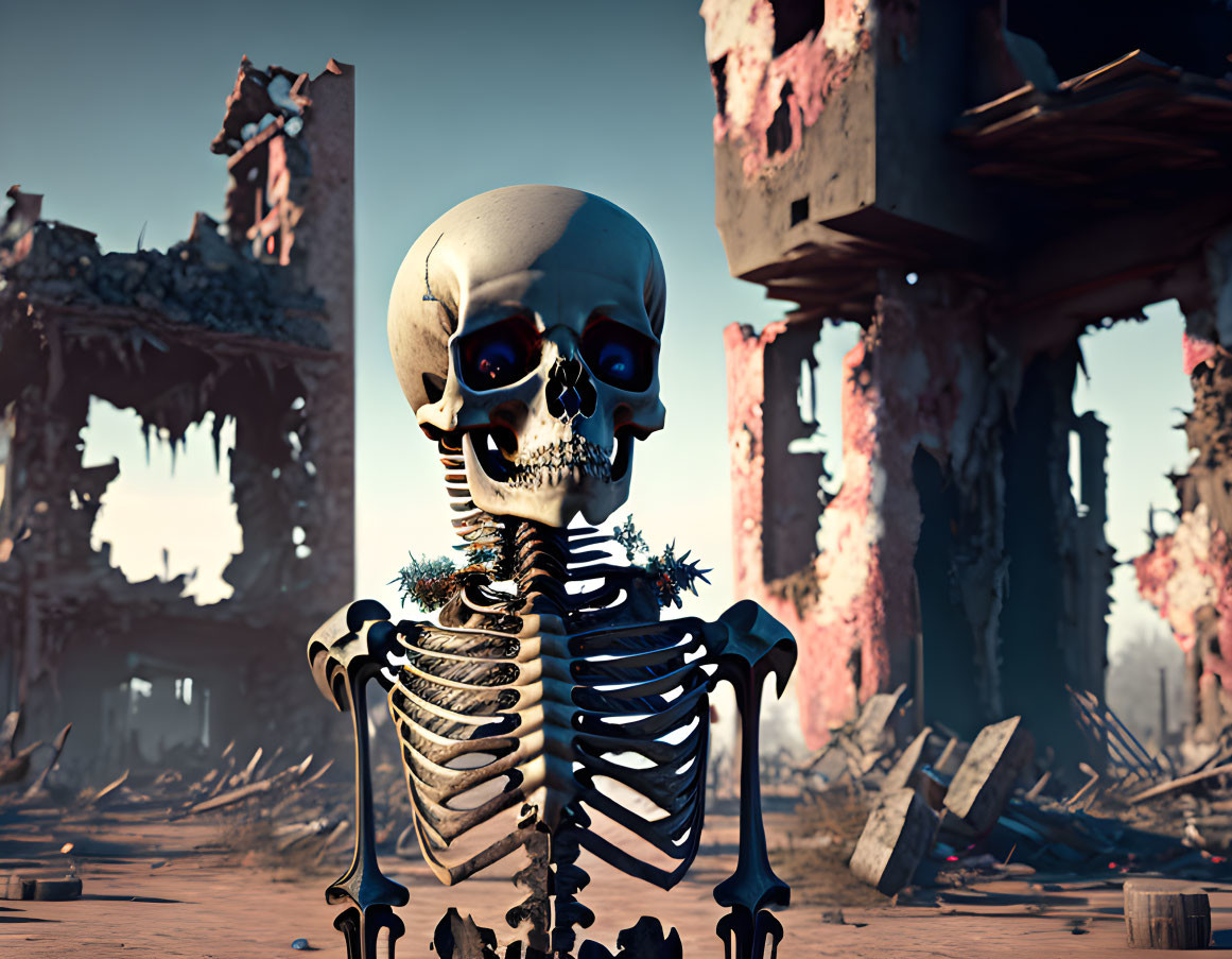 Skeleton in thoughtful pose in war-torn landscape