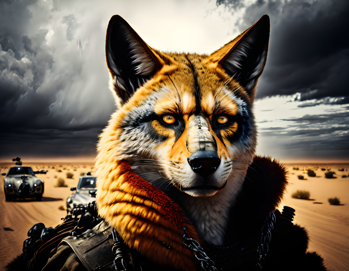 Humanized fox in armor and scarf against desert backdrop with stormy skies.