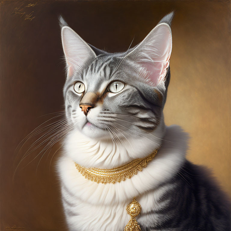 Gray Tabby Cat Wearing Gold Necklace on Tan Background