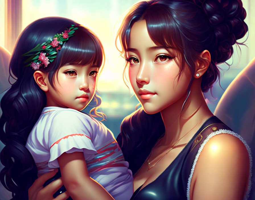 Detailed Digital Painting: Woman and Child with Glossy Hair in Warm Backlit Scene