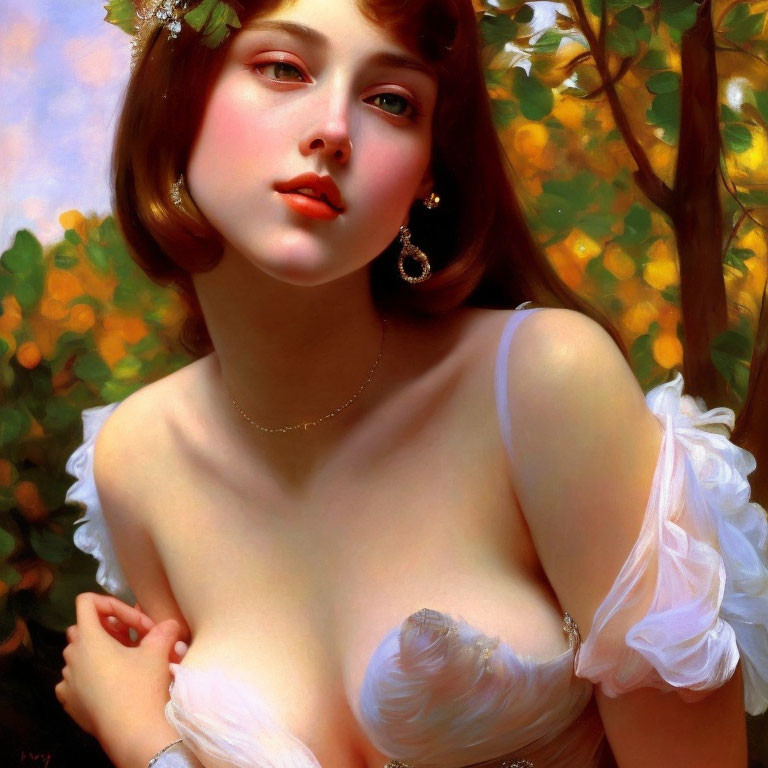 Portrait of woman with porcelain skin and red lips in white dress against lush foliage