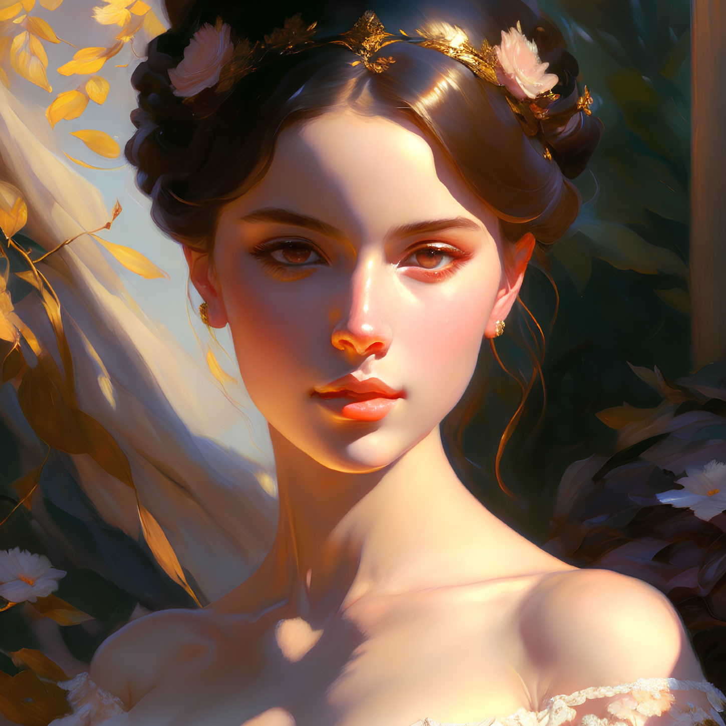 Portrait of Woman with Floral Tiara in Warm Background