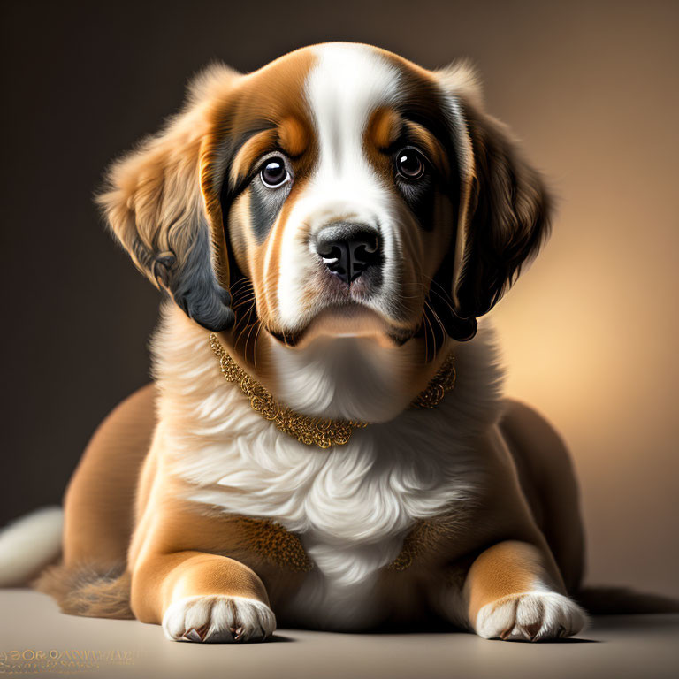 Saint Bernard puppy portrait with expressive eyes and golden chain on warm background