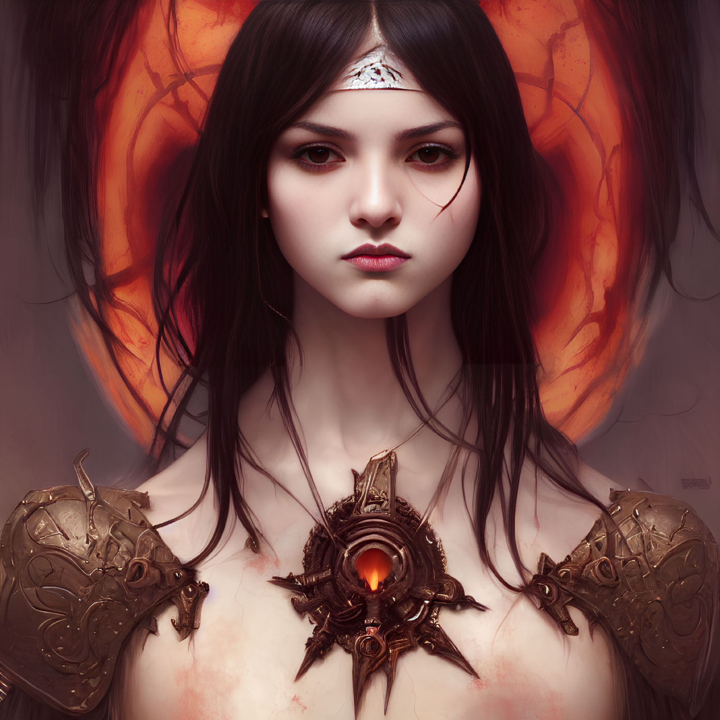 Digital portrait of a woman with dark hair, pale skin, and ornate bronze shoulder armor