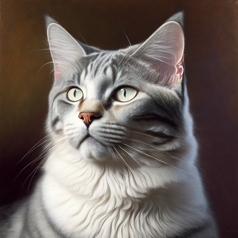 Gray Tabby Cat with Green Eyes and White Mane on Dark Background