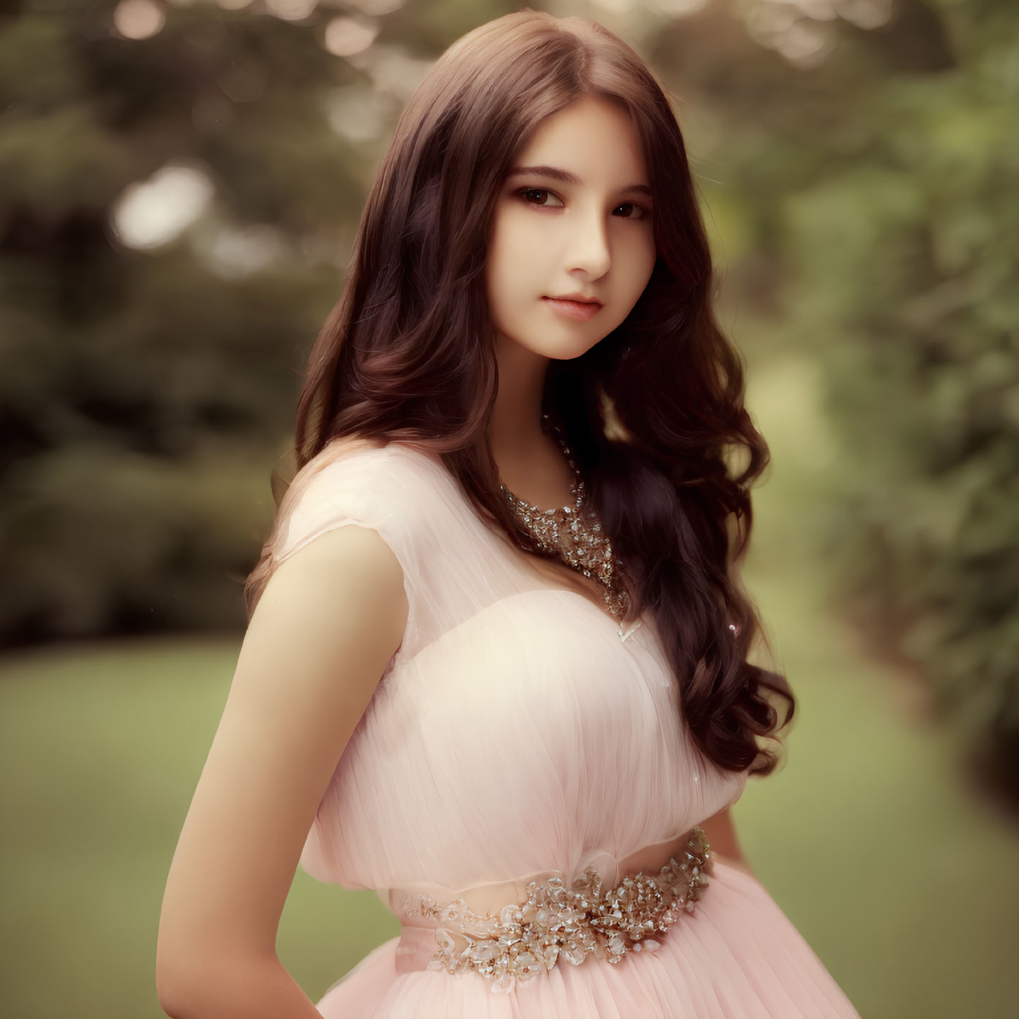 Young woman in pink dress with jeweled necklace poses in lush park