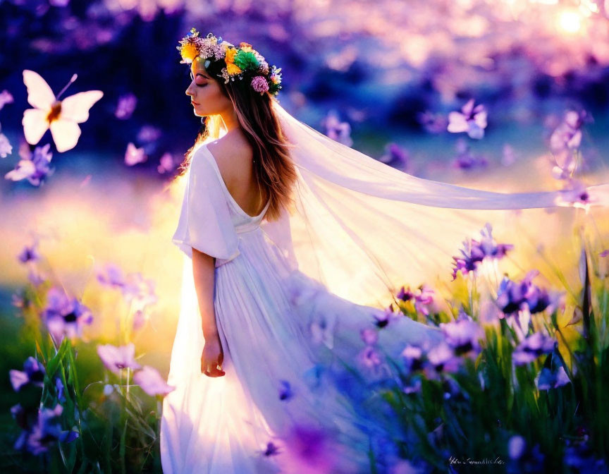 Woman in white dress with floral head wreath in purple flower field at dusk or dawn