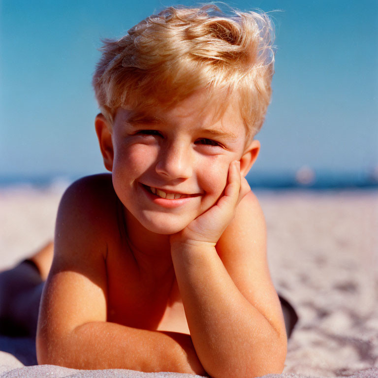 Blond-Haired Boy Smiling on Sandy Beach