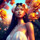 Woman with floral headpiece and jewelry posing among orange roses in golden sunlight