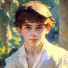 Portrait of a young individual with beret and blue eyes in warm sunlight.