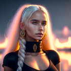 Platinum blonde woman with striking earrings in front of fiery backdrop