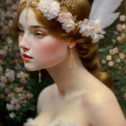 Detailed illustration of woman with floral headpiece and elegant earrings against blossoming backdrop