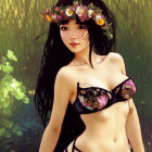 Digital painting of woman with black hair, flower crown, floral bikini in forest.